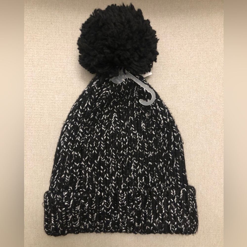 Gap Knit Pom-Pom Beanie Hat, Black and White, Polyester One Size Winter Cap